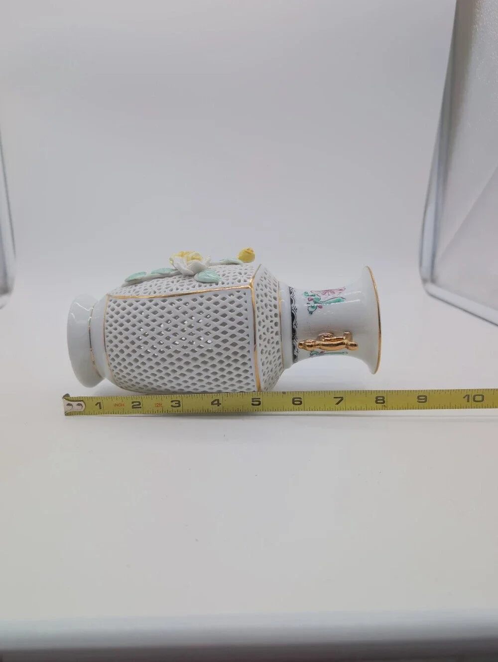Vintage Chinese White Porcelain Floral Lattice Vase with Gold Handles 8x4 Inches